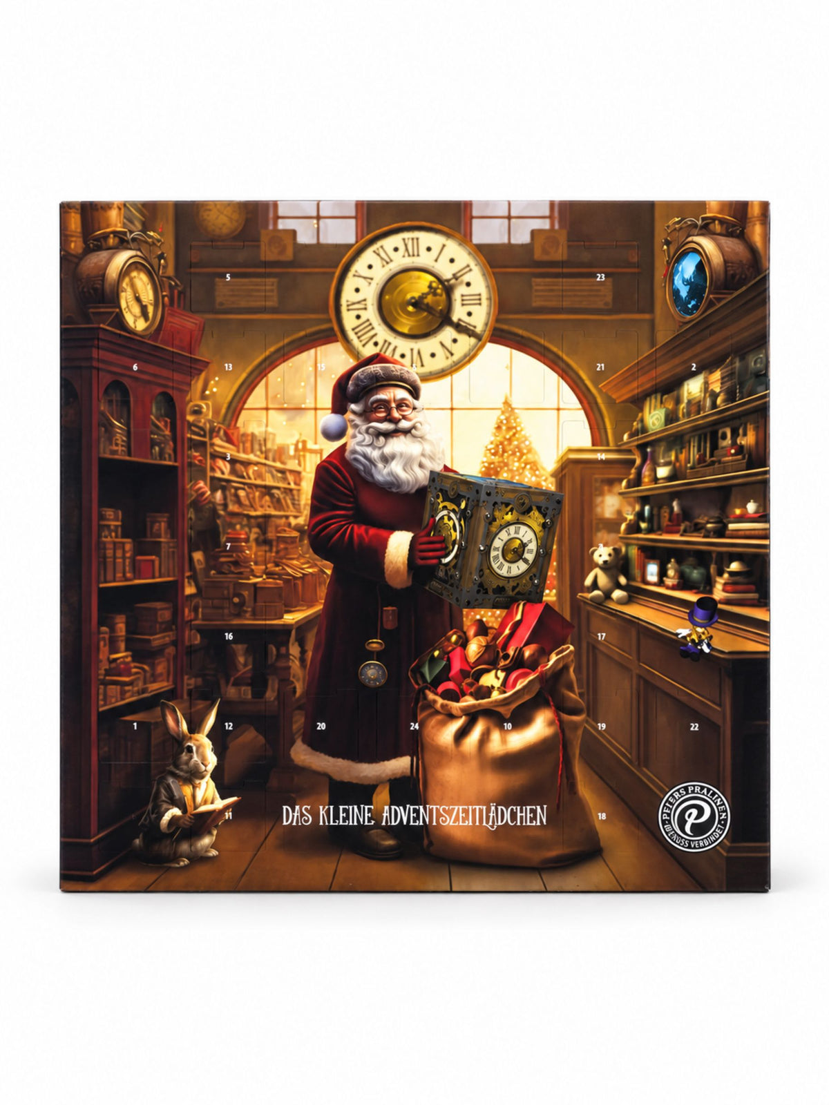 PETERS Pralinen Adventskalender Das zauberhafte Adventszeitlädchen 300g mit 24 Türchen, Weihnachtsmann, großer nostalgischer Uhr, Geschenkesack und festlich beleuchtetem Spielzeugladen