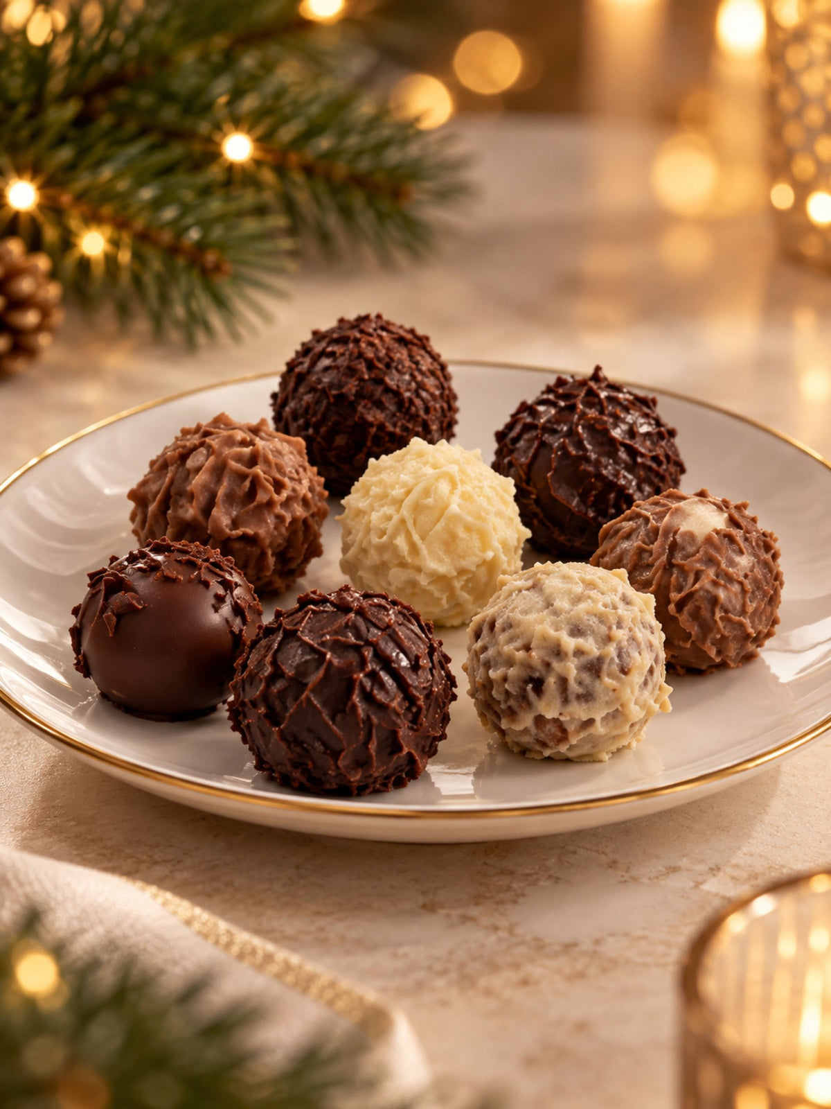 Detailbild von Wagner Trüffelpralinés Harmonie Merry Christmas Bulli 100 g auf Teller liegend