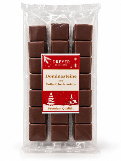 Dominosteine mit Vollmilchschokolade 250g von Dreyer Confiserie in weihnachtlicher Verpackung

