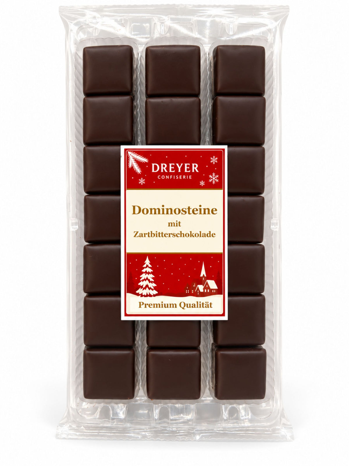 Dominosteine mit Zartbitterschokolade 250g von Dreyer Confiserie in weihnachtlicher Verpackung