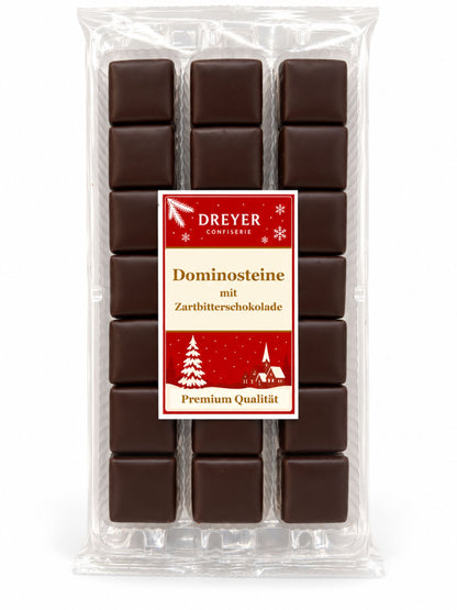 Dominosteine mit Zartbitterschokolade 250g von Dreyer Confiserie in weihnachtlicher Verpackung