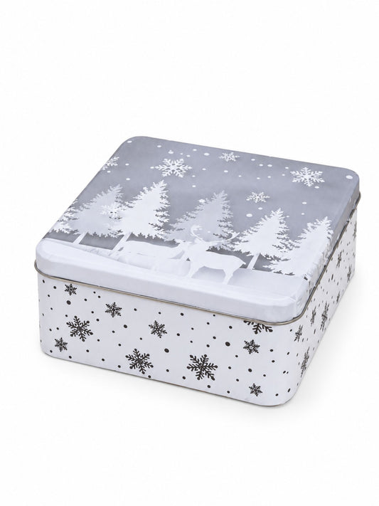 Quadratische graue Dose Winterwald aus Metall 15x7x15cm von G. Wurm mit weißem Wald- und Schneeflockenmotiv