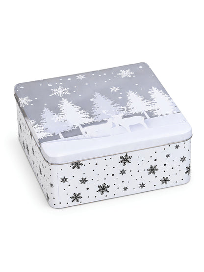 Quadratische graue Dose Winterwald aus Metall 19x8x19cm von G. Wurm mit weißem Wald- und Schneeflockenmotiv