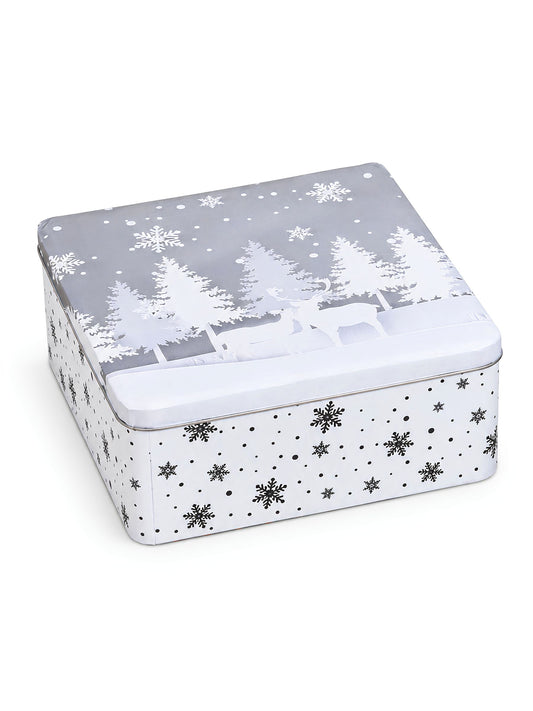 Quadratische graue Dose Winterwald aus Metall 19x8x19cm von G. Wurm mit weißem Wald- und Schneeflockenmotiv