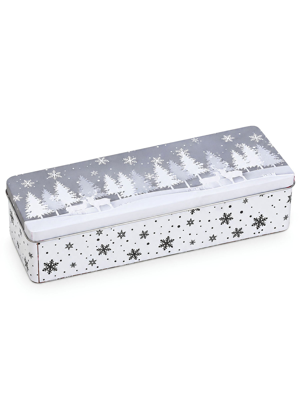 Graue Metalldose Winterwald 29x7x10cm von G. Wurm mit weißem Schneeflocken- und Waldmotiv