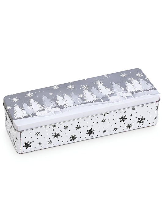 Graue Metalldose Winterwald 29x7x10cm von G. Wurm mit weißem Schneeflocken- und Waldmotiv