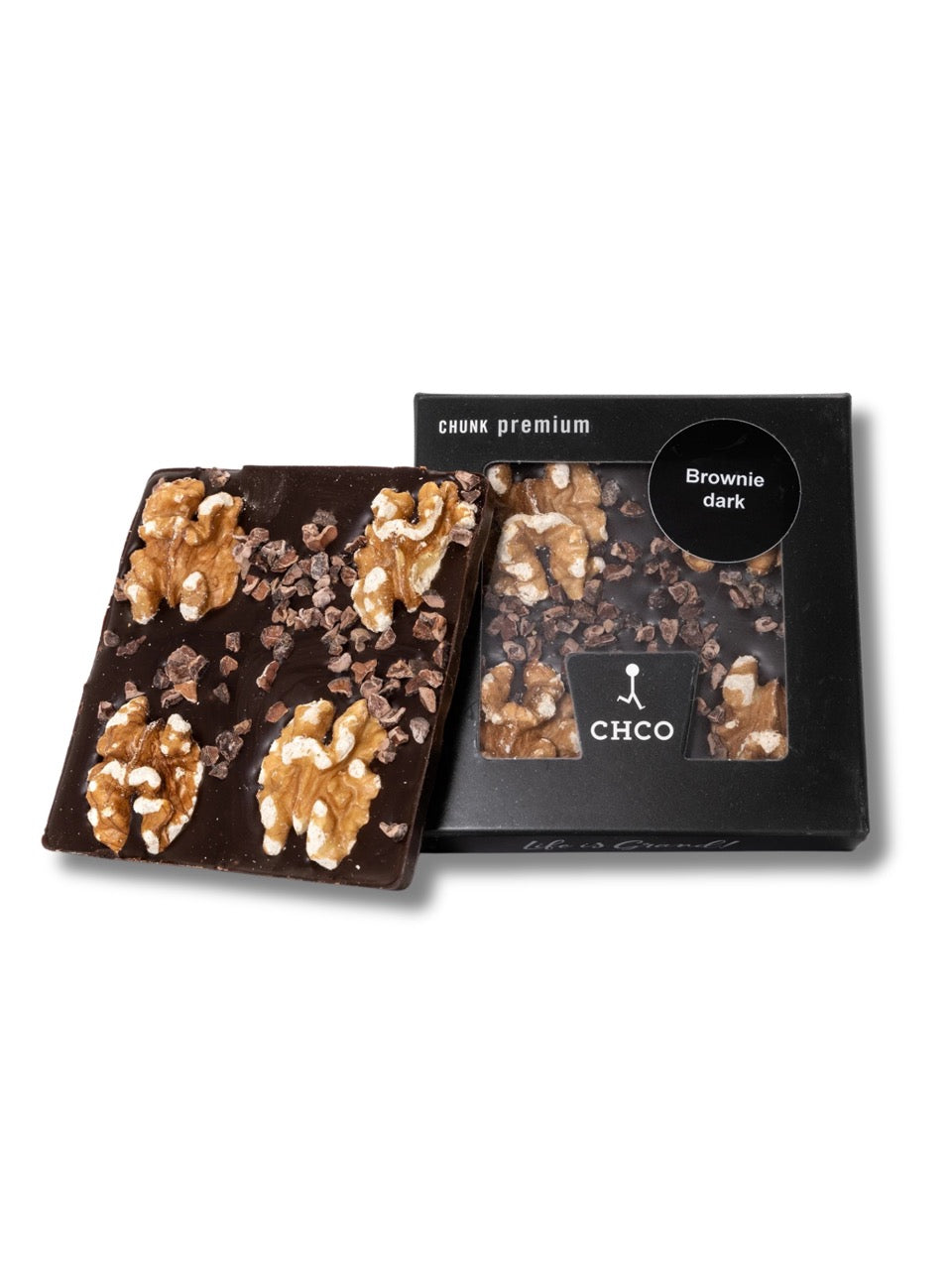 Chocbar Brownie Zartbitter 60 g von CHCO – The Chocolate Company – dunkle Schokolade mit 85 % Kakaoanteil, verfeinert mit Walnüssen, edle Schokoladenspezialität aus Hameln.