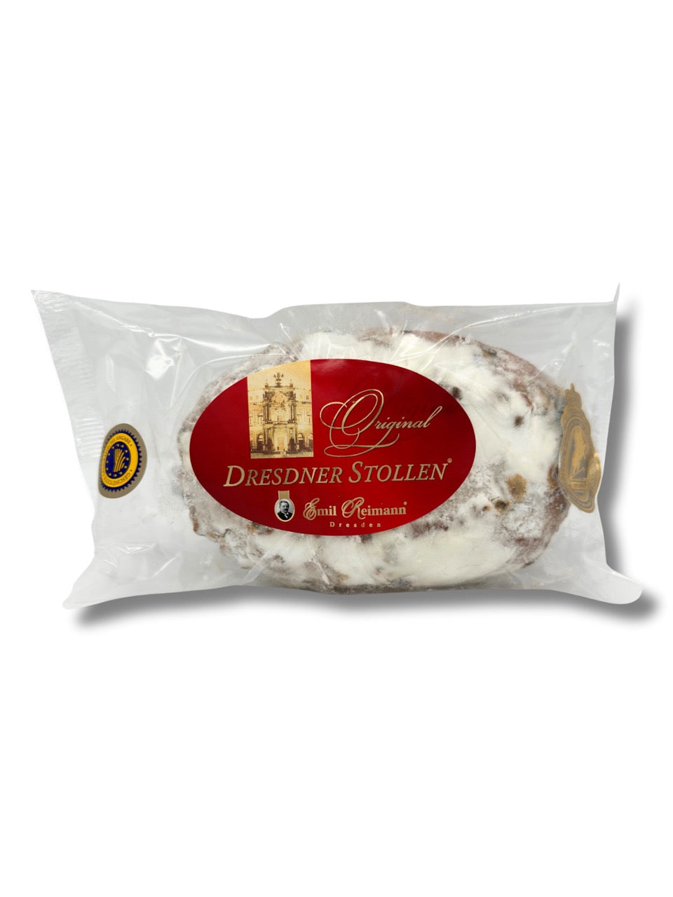 Dresdner Christstollen 500 g von Emil Reimann – traditioneller Butterstollen mit Sultaninen, Mandeln und Puderzucker, erhältlich in der Dreyer Confiserie in der Rattenfängerstadt Hameln.