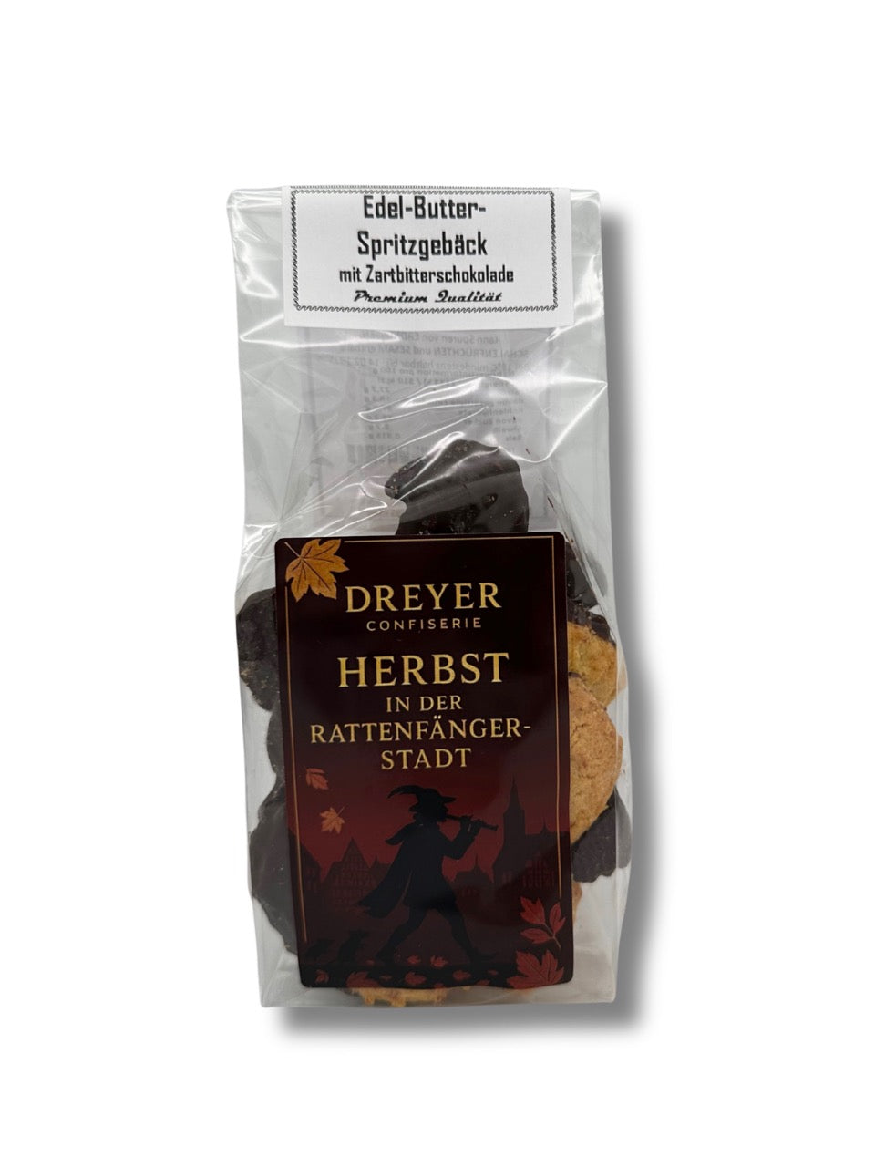 Edel-Butter-Spritzgebäck mit Zartbitterschokolade 175 g von der Dreyer Confiserie – traditionelles Buttergebäck in Premium-Qualität, handwerklich gefertigt in Hameln und erhältlich in der Dreyer Confiserie in der Rattenfängerstadt Hameln.

👉 Soll ich bei den Produkten, wo die Nährwerte auf dem Foto nicht vollständig