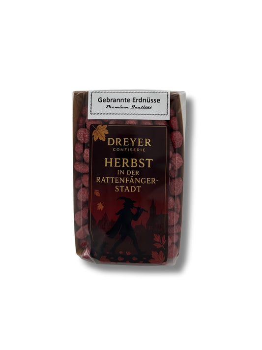Gebrannte Erdnüsse dragiert 200 g von der Dreyer Confiserie – knackige Erdnüsse mit karamellisierter Zuckerhülle, dragiert und veredelt, erhältlich in der Dreyer Confiserie in der Rattenfängerstadt Hameln.