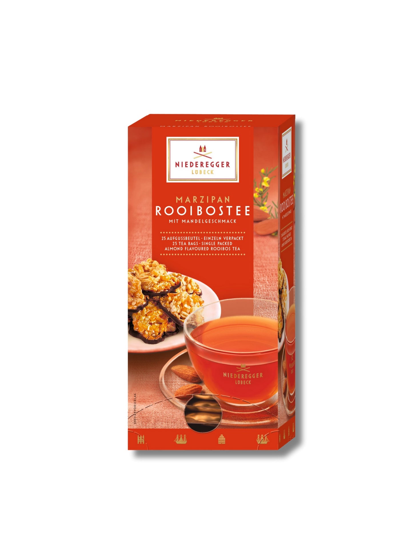 J.G.N. Marzipan Rooibos-Tee 43,75 g – aromatisierter Rooibos-Tee mit Mandel-, Marzipan- und Sahnearoma, 25 Beutel für sanften Teegenuss ohne Koffein, erhältlich in der Dreyer Confiserie in der Rattenfängerstadt Hameln.