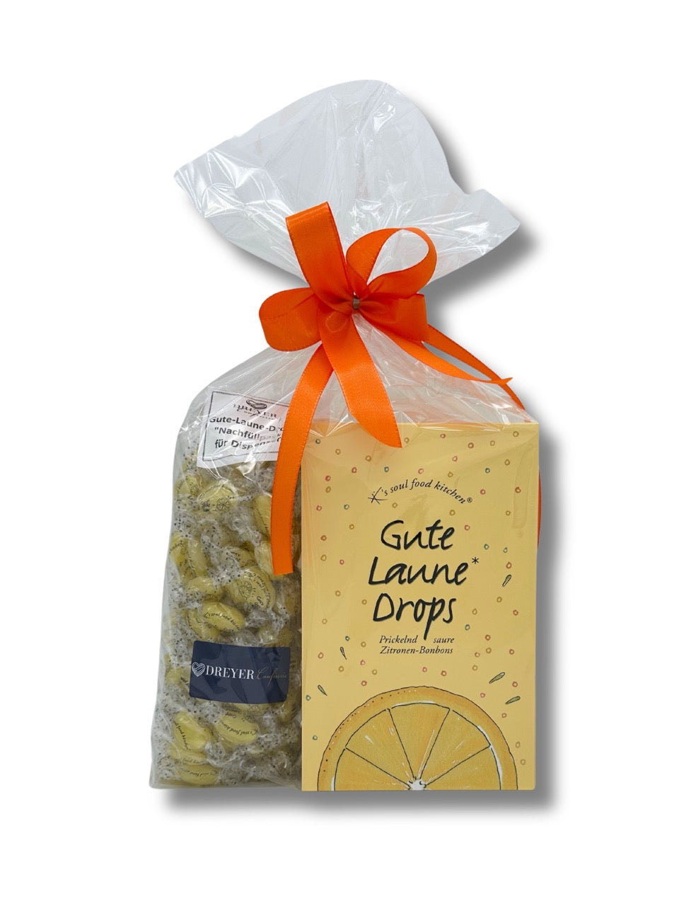 Bundle „Gute Laune Drops“ – Dispenser 1 kg & Nachfüllpack 750 g von K’s Soul Food Kitchen, spritzig-saure Zitronen-Bonbons mit Brausekern, vegan und vitaminreich, ideal zum Nachfüllen und Verteilen, erhältlich in der Dreyer Confiserie in der Rattenfängerstadt Hameln.