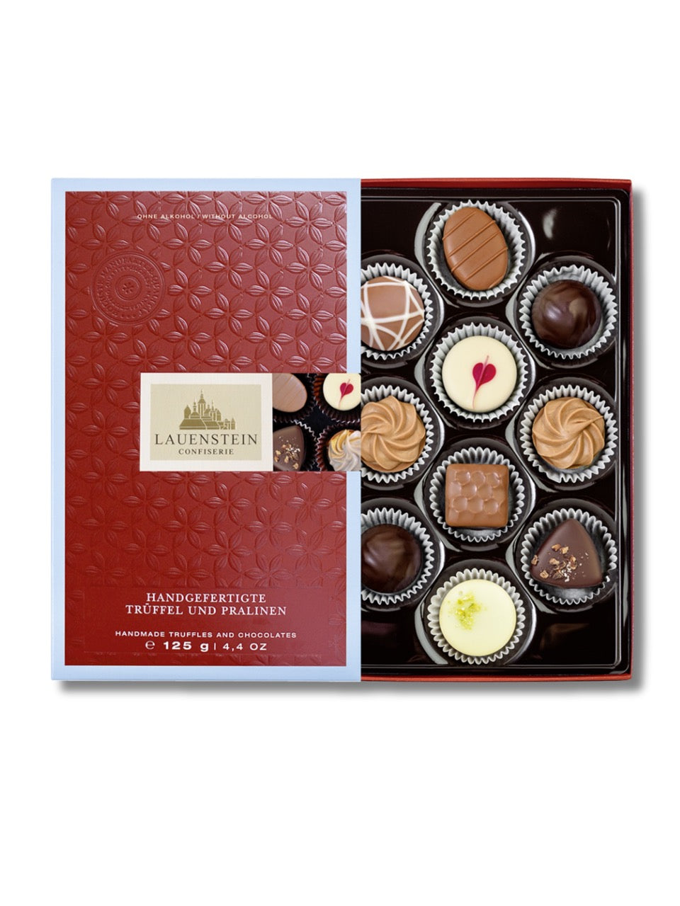 Lauensteiner Trüffel- und Pralinen-Auslese alkoholfrei 125 g – edle Mischung mit Klassikern wie Blütenhonig-Trüffel, Gianduja-Nougat, Pistazien-Nougat und Salz-Butter-Karamell, erhältlich in der Dreyer Confiserie in der Rattenfängerstadt Hameln.