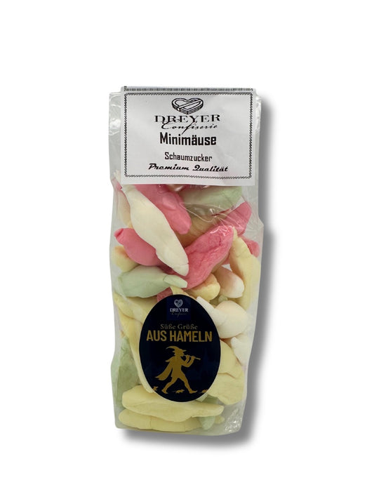 Minimäuse aus Schaumzucker 150 g von der Dreyer Confiserie – bunte, luftige Süßigkeit, gluten- und laktosefrei, ideal zum Naschen oder Dekorieren, erhältlich in der Dreyer Confiserie in der Rattenfängerstadt Hameln.