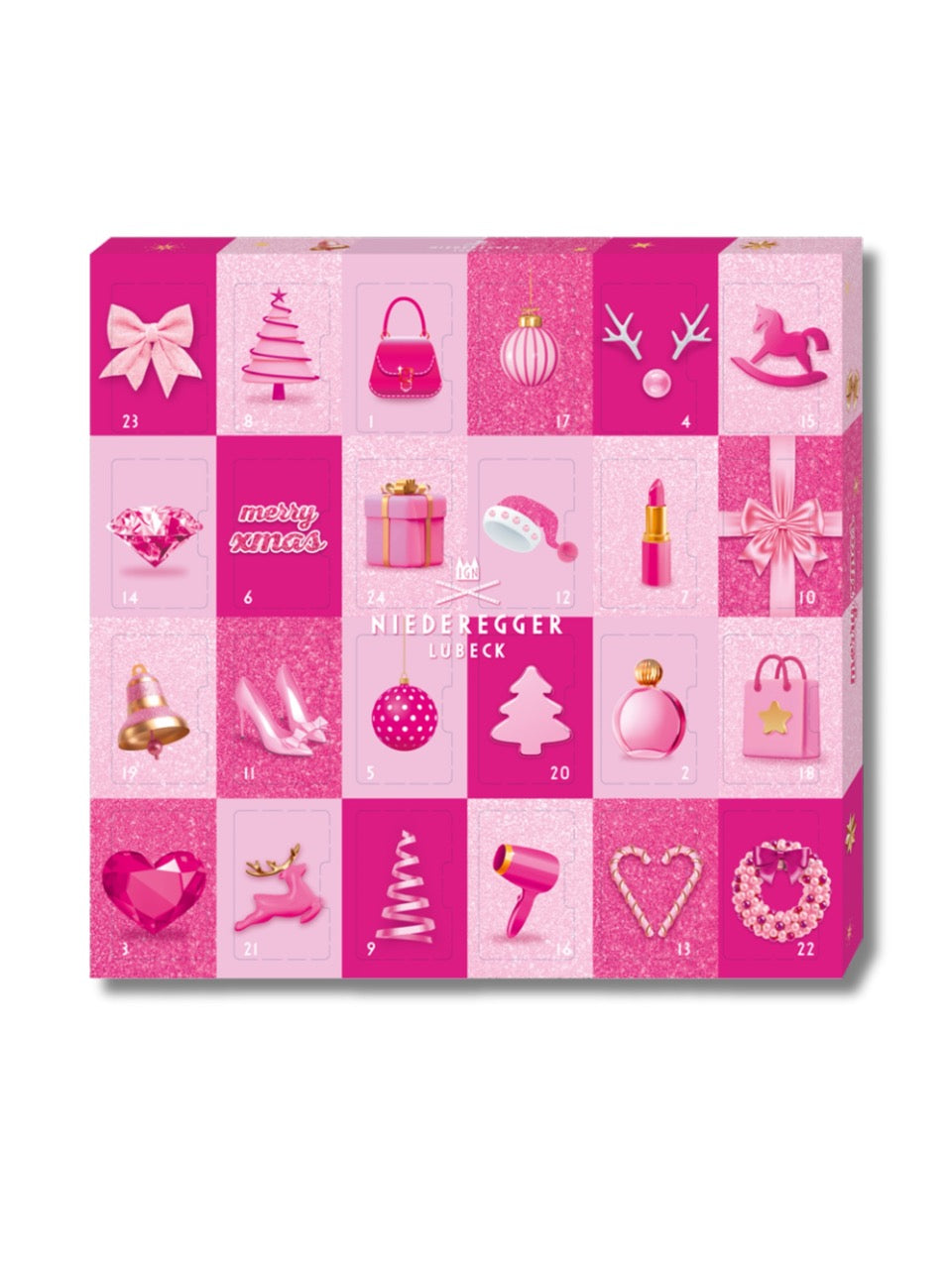 Niederegger Adventskalender Mini – pink Glamour 177 g – Adventskalender mit 24 Marzipan-Minis in Vollmilch- und Zartbitterschokolade, erhältlich in der Dreyer Confiserie in der Rattenfängerstadt Hameln.