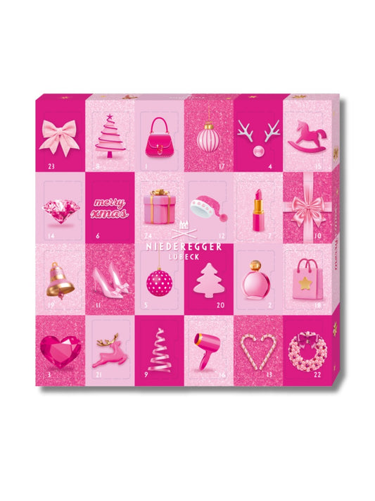 Niederegger Adventskalender Mini – pink Glamour 177 g – Adventskalender mit 24 Marzipan-Minis in Vollmilch- und Zartbitterschokolade, erhältlich in der Dreyer Confiserie in der Rattenfängerstadt Hameln.