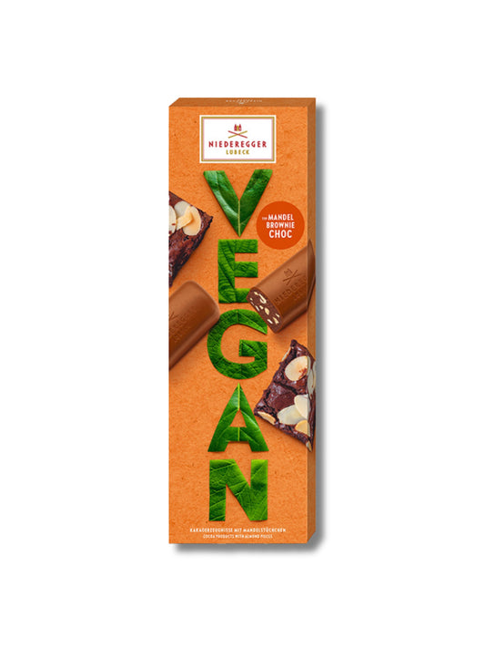 Niederegger Mandel-Brownie-Choc Vegan 100 g – vegane Schokoladenspezialität mit Kakaocremefüllung und knackigen Mandeln, erhältlich in der Dreyer Confiserie in der Rattenfängerstadt Hameln.
