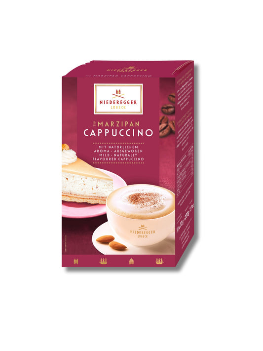 Niederegger Marzipan Cappuccino 220 g – 10 Stick-Portionsbeutel mit mildem Kaffee und feinem Marzipan-Aroma, cremiger Trinkgenuss, erhältlich in der Dreyer Confiserie in der Rattenfängerstadt Hameln.
