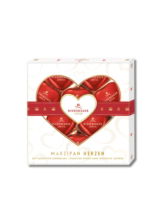 Niederegger Marzipan Herzen 125 g – herzförmige Marzipan-Pralinen mit Zartbitter-Schokolade, erhältlich in der Dreyer Confiserie in der Rattenfängerstadt Hameln.