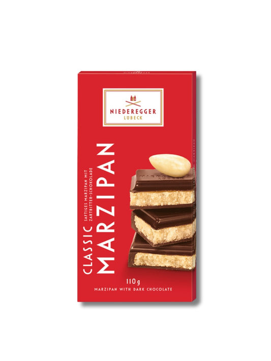 Niederegger Marzipan Tafel Schokolade Classic Zartbitter 110 g – Zartbitter-Schokolade gefüllt mit feinem Marzipan, erhältlich in der Dreyer Confiserie in der Rattenfängerstadt Hameln.
