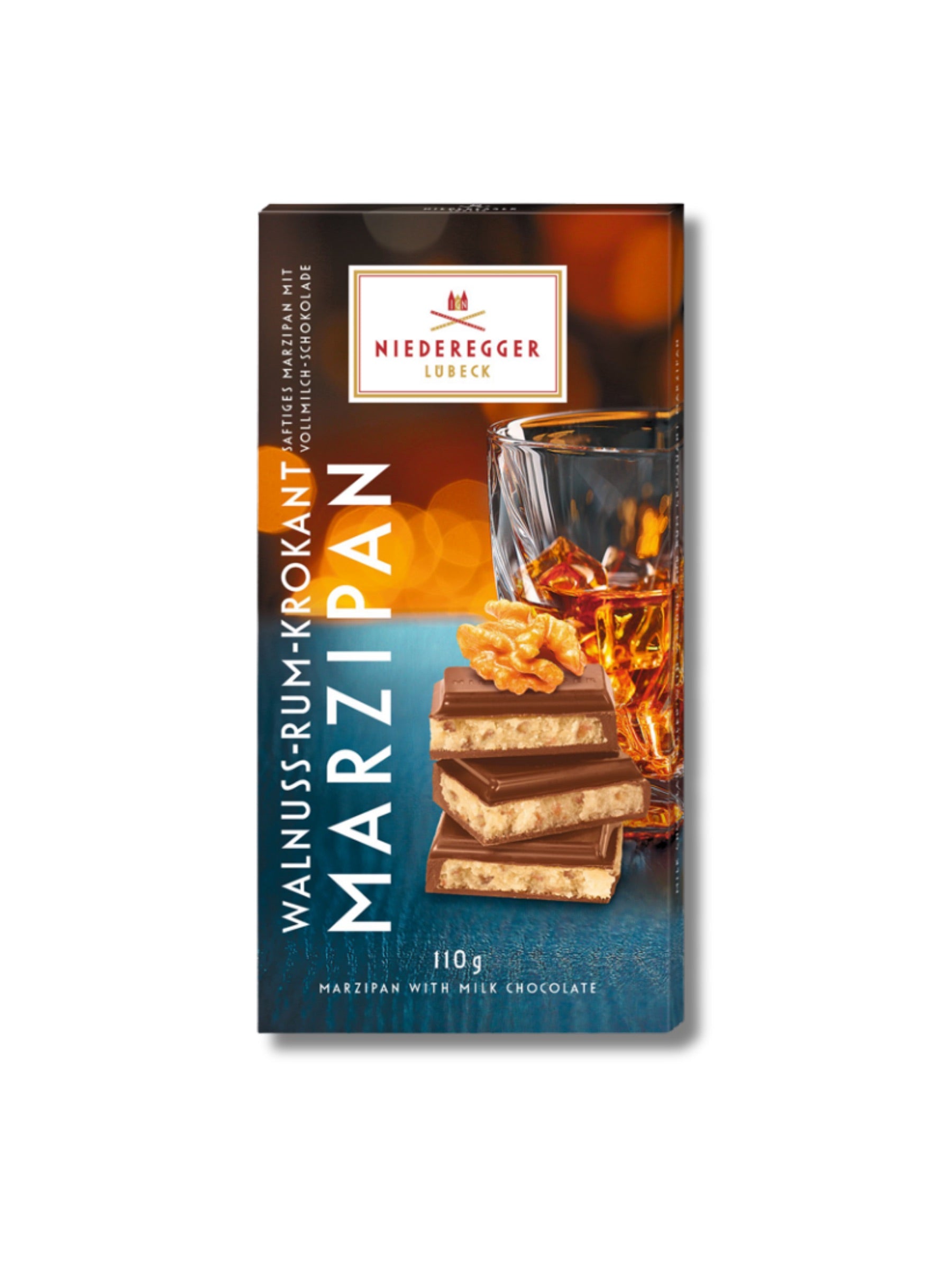 Niederegger Marzipan Tafel Walnuss-Rum-Krokant 110 g – gefüllte Vollmilchschokolade mit Marzipan, Walnüssen, Rum und Krokant, erhältlich in der Dreyer Confiserie in der Rattenfängerstadt Hameln.