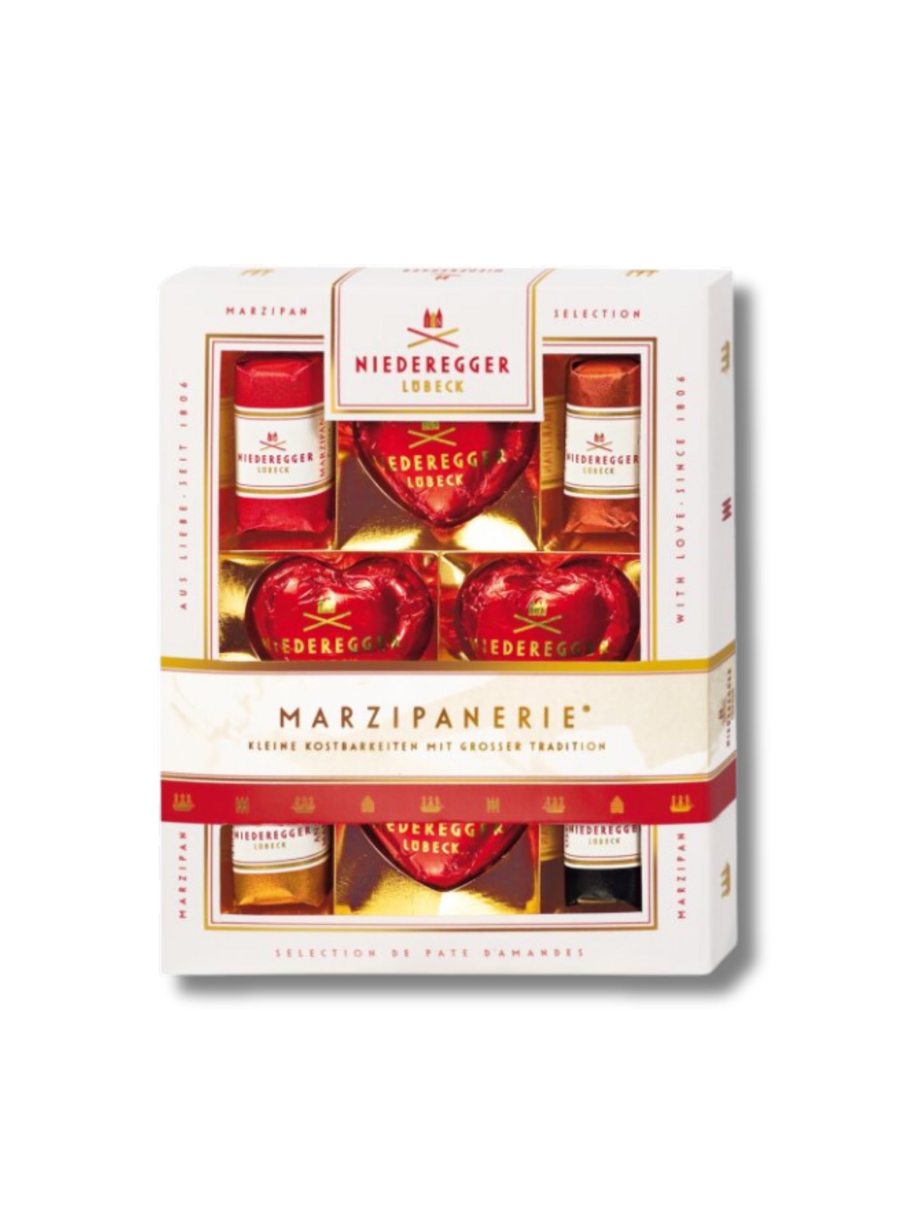 Niederegger Marzipanerie 100 g – Auswahl feiner Marzipan-Pralinen mit Zartbitter-Schokolade, erhältlich in der Dreyer Confiserie in der Rattenfängerstadt Hameln.