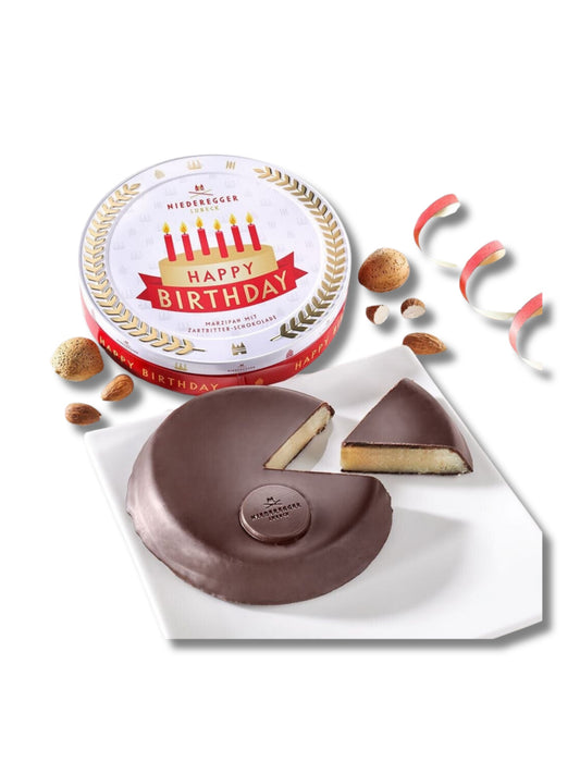 Niederegger Marzipantaler „Happy Birthday“ 185 g – Marzipantaler mit knackiger Zartbitter-Schokolade in edler Metalldose, ideales Geburtstagsgeschenk, erhältlich in der Dreyer Confiserie in der Rattenfängerstadt Hameln.