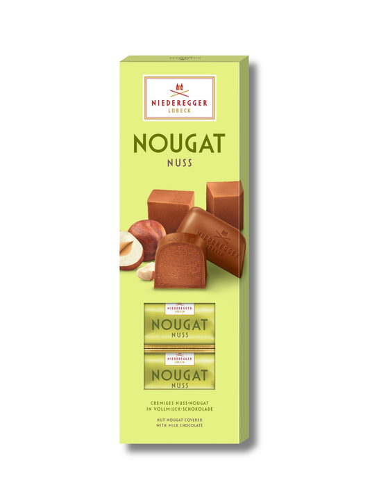 Niederegger Nougat Nuss 100 g – Pralinen mit cremiger Haselnuss-Nougat-Füllung in Vollmilch-Schokolade, erhältlich in der Dreyer Confiserie in der Rattenfängerstadt Hameln.