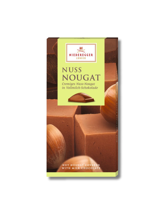 Niederegger Nougat Tafel Nuss 100 g – Vollmilch-Schokolade gefüllt mit cremigem Nuss-Nougat, erhältlich in der Dreyer Confiserie in der Rattenfängerstadt Hameln.
