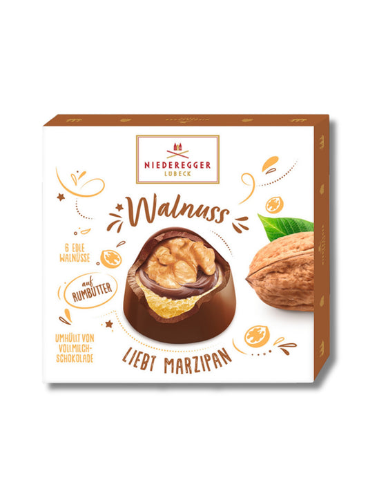 Niederegger Pralines Walnuss auf Marzipan 102 g – Pralinen mit Marzipan, Walnuss, Rum-Butter und Vollmilch-Schokolade, erhältlich in der Dreyer Confiserie in der Rattenfängerstadt Hameln.