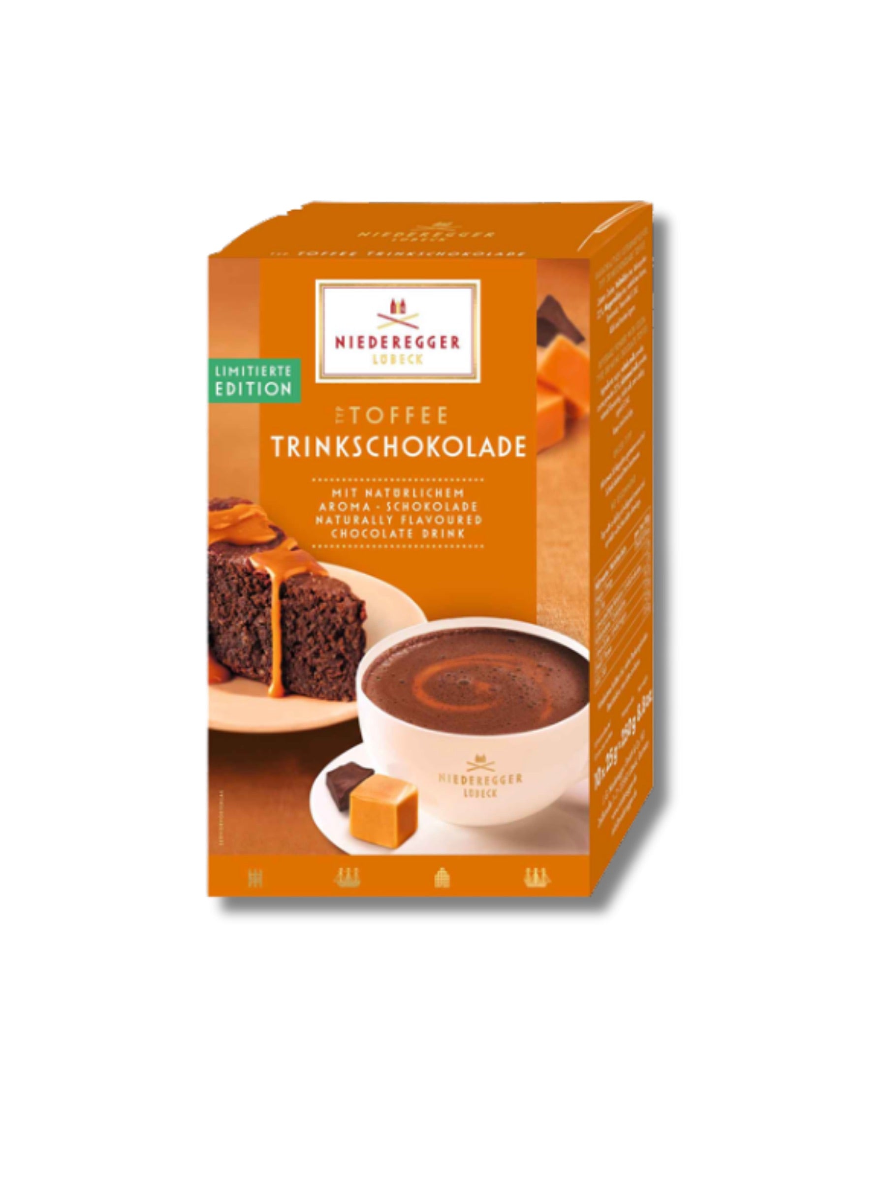 Niederegger Toffee Trinkschokolade 250 g – 10 Portionsbeutel kakaohaltiges Getränkepulver mit feiner Toffee-Note, cremiger Trinkgenuss, erhältlich in der Dreyer Confiserie in der Rattenfängerstadt Hameln.