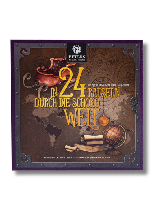 Vorderseite des PETERS Adventskalenders „In 24 Rätseln durch die Schokowelt“ 255 g – Rätsel-Adventskalender mit Pecarée-Pralinen, mit und ohne Alkohol.