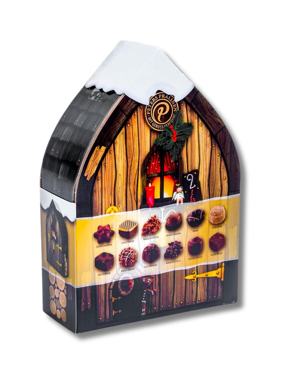 Rückseite des Adventskalenders „Das Haus des Weihnachtswichtels“ 300 g von PETERS – Übersicht der enthaltenen alkoholfreien Pralinen, Zutaten und Nährwerte, erhältlich in der Dreyer Confiserie in Hameln.