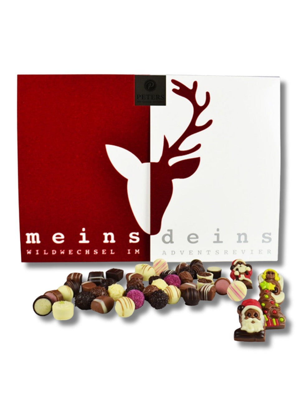 Auswahl der Mini-Pralinen und Schokoladenfiguren aus dem PETERS Adventskalender „Meins & Deins“ 290 g, dekorativ vor dem Kalender angerichtet.