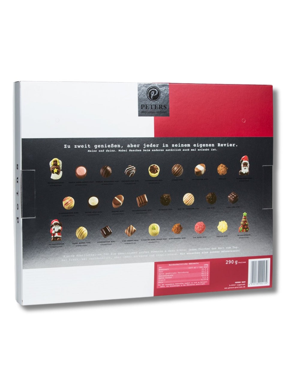 Rückseite des PETERS Adventskalenders „Meins & Deins“ 290 g – Übersicht der Zutaten, Nährwerte und Pralinenvielfalt.