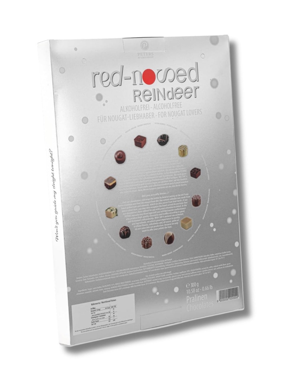 Rückseite des Adventskalenders „Das zauberhafte Adventszeitlädchen“ 300 g von PETERS – Übersicht der alkoholfreien Pralinen, Zutaten und Nährwerte.