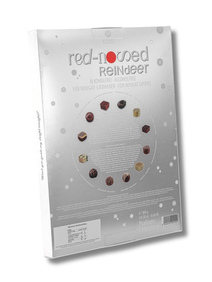 Rückseite des Adventskalenders „Das zauberhafte Adventszeitlädchen“ 300 g von PETERS – Übersicht der alkoholfreien Pralinen, Zutaten und Nährwerte.
