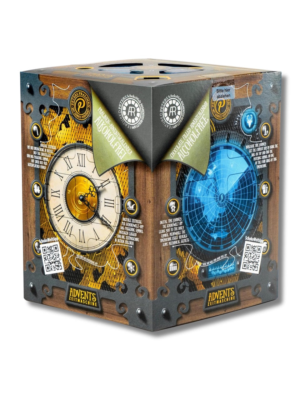 Zeitmaschine Adventskalender 300 g von PETERS Rückseite – Übersicht - erhältlich in der Dreyer Confiserie in Hameln.