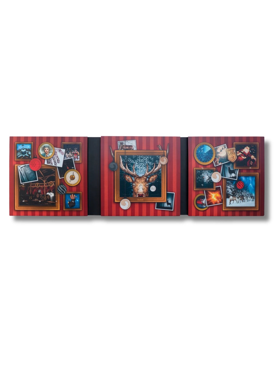 Foto aufgeklappt des PETERS Criminal Christmas Adventskalenders „Der falsche Rudolf“ 255 g – Krimi-Adventskalender mit 24 Kapiteln und Pecarée-Trüffeltafeln.
