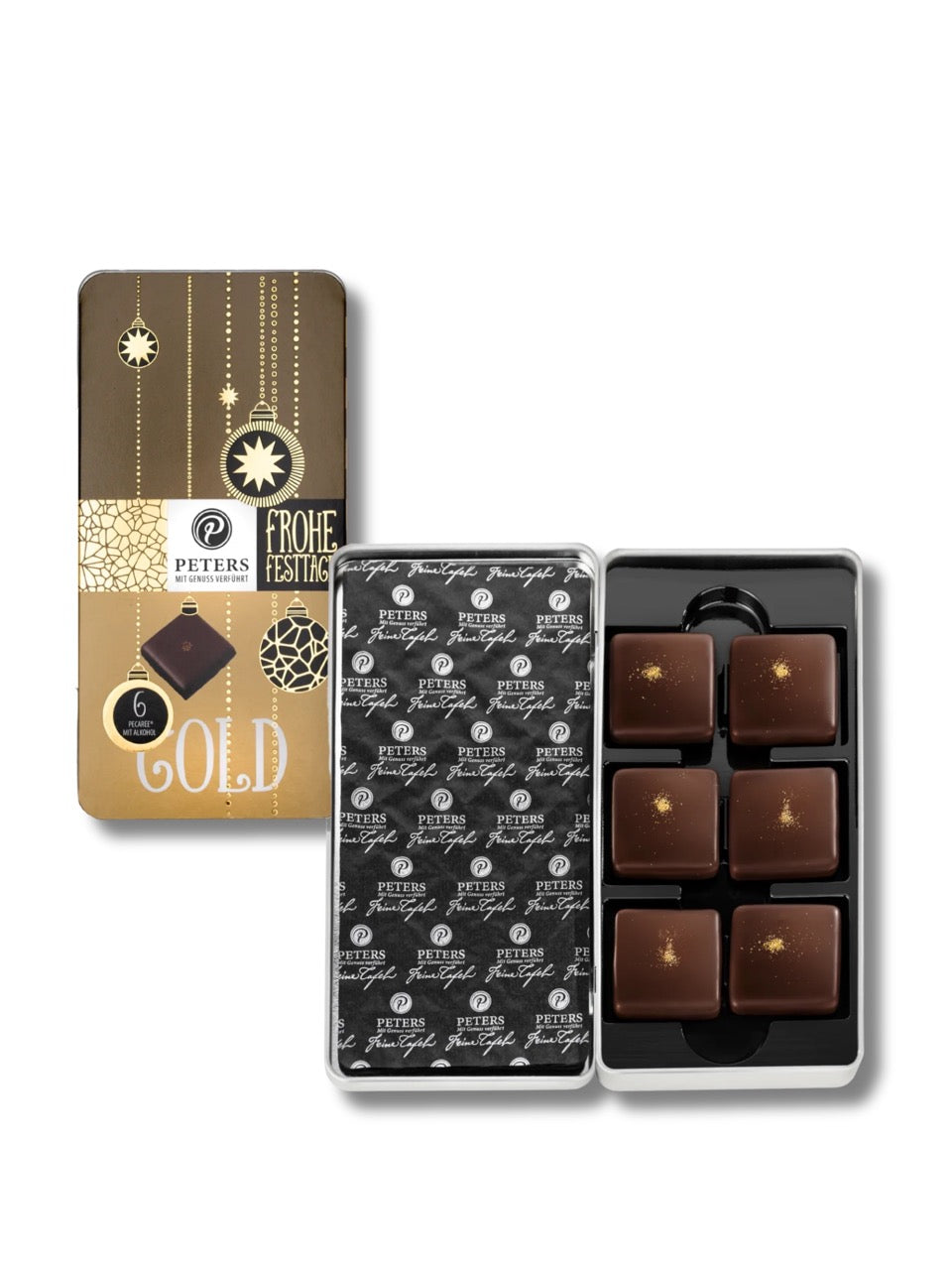 Frohe Festtage 6er Pecarée ® Goldgenuss 63 g von Peters Pralinen – edle Täfelchen mit cremiger Zartbitter-Ganache, verziert mit echtem Goldstaub, erhältlich in der Dreyer Confiserie in der Rattenfängerstadt Hameln.