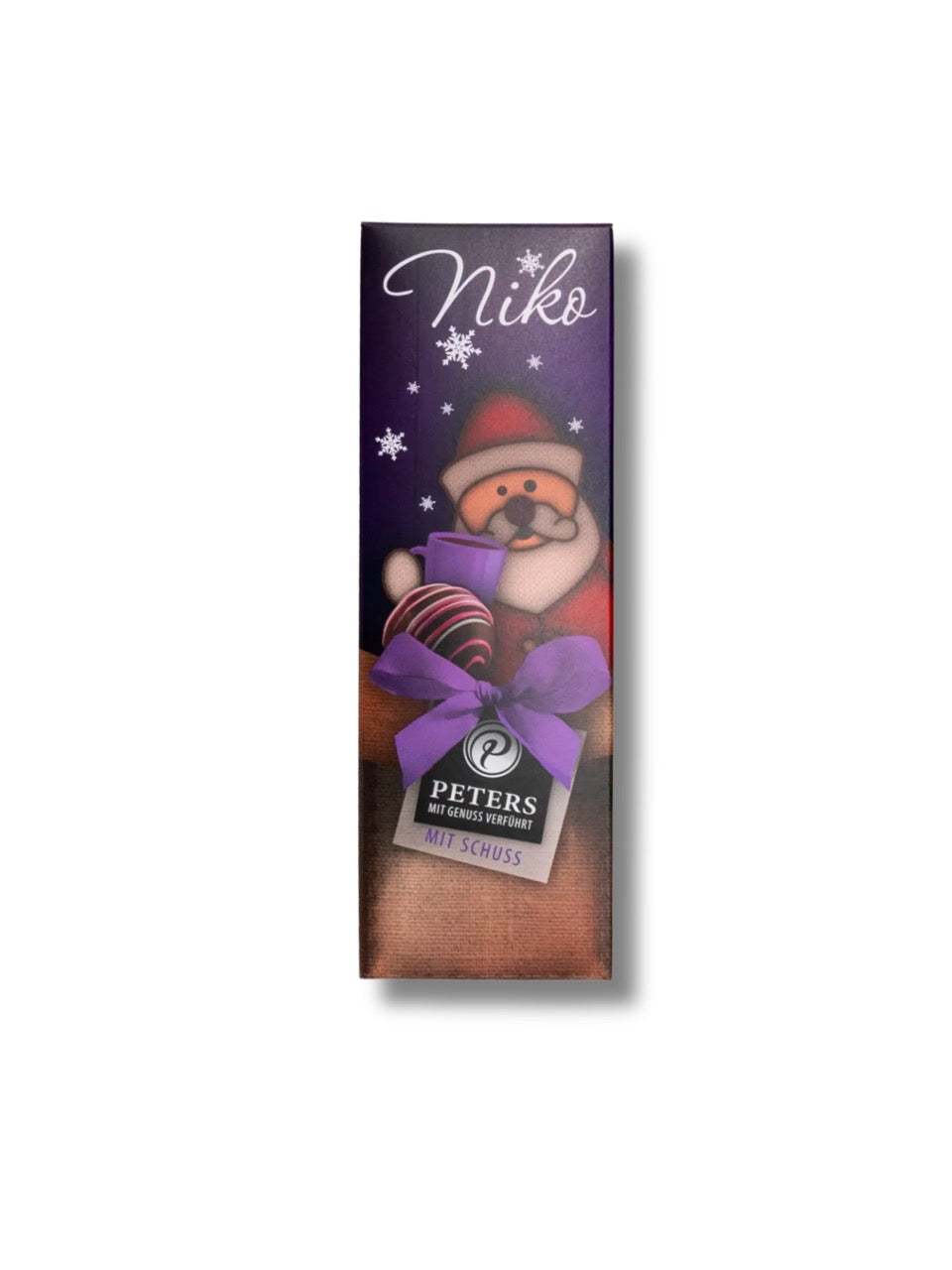 Niko Trüffel-Mischung „Mit Schuss“ 62 g von Peters Pralinen – weihnachtliche Geschenkverpackung mit Glühwein-, Rumtopf-, Zimt-, Stollen- und Bratapfel-Trüffeln, erhältlich in der Dreyer Confiserie in der Rattenfängerstadt Hameln.