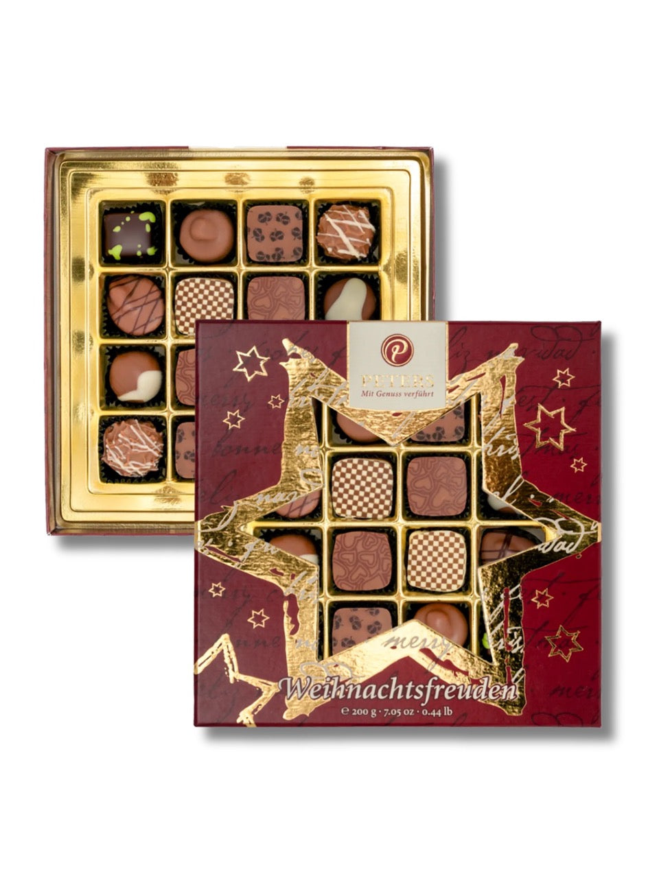 Weihnachtsfreuden alkoholfrei 200 g von Peters Pralinen – festliche Sternpackung mit acht alkoholfreien Pralinensorten wie Haselnuss-Nougat, Knuspertraum, Pistazien-Marzipan und Mandel-Vanille-Traum, erhältlich in der Dreyer Confiserie in der Rattenfängerstadt Hameln.