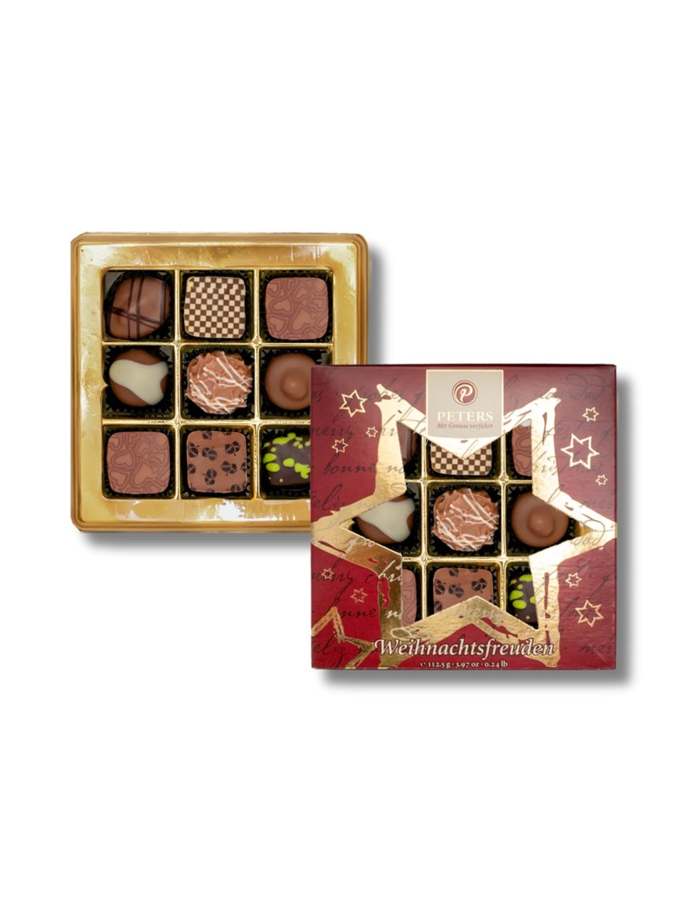 Weihnachtsfreuden Pralinen ohne Alkohol 112,5 g von Peters Pralinen – edle Mischung aus acht alkoholfreien Sorten wie Haselnussnougat, Knuspertraum, Schichtnougat und Pistazien-Marzipan in festlicher Sternpackung, erhältlich in der Dreyer Confiserie in der Rattenfängerstadt Hameln.