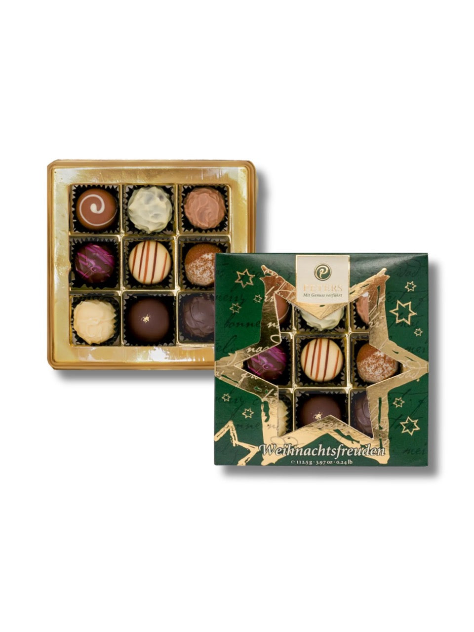 Weihnachtsfreuden Trüffel mit Alkohol 112,5 g von Peters Pralinen – edle Trüffelmischung mit neun Sorten wie Riesling-, Rum-, Marc de Champagne- und Tiramisu-Trüffel in festlicher Sternpackung, erhältlich in der Dreyer Confiserie in der Rattenfängerstadt Hameln.