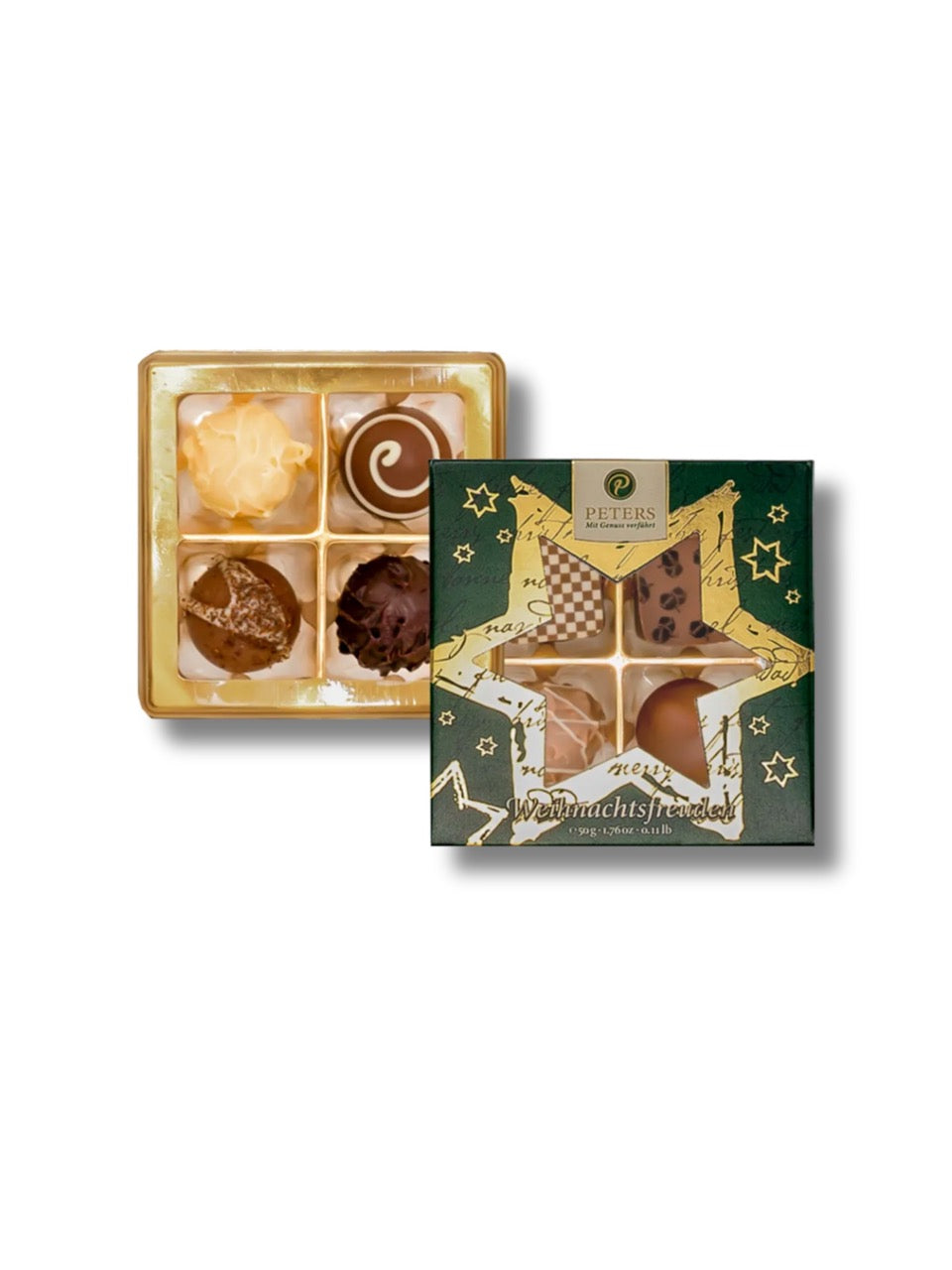 Weihnachtsfreuden Trüffel mit Alkohol 50 g von Peters Pralinen – festliche Trüffelmischung mit Vanille-, Rum-, Marc de Champagne- und Latte Macchiato-Trüffeln, erhältlich in der Dreyer Confiserie in der Rattenfängerstadt Hameln.