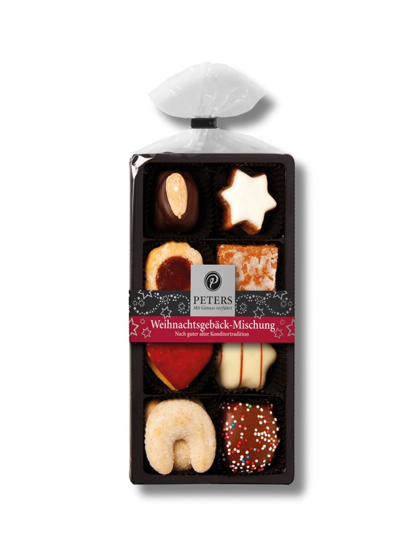 Weihnachtsgebäck-Mischung 100 g von Peters Pralinen – festliche Auswahl mit Zimtsternen, Vanillekipferln, Printen, Honigkuchen und Buttergebäck, erhältlich in der Dreyer Confiserie in der Rattenfängerstadt Hameln.