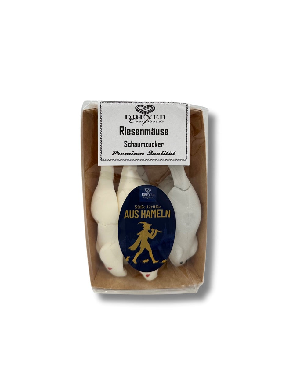 Riesenmäuse aus Schaumzucker 52 g von der Dreyer Confiserie – weiche Schaumzuckermäuse mit roten Augen, süßer Klassiker und erhältlich in der Dreyer Confiserie in der Rattenfängerstadt Hameln.