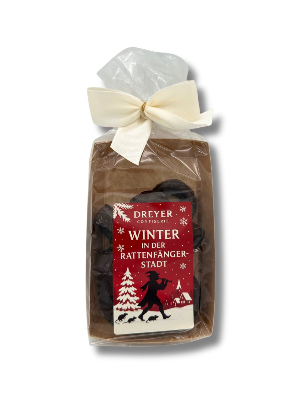 Rotweinringe 100 g mit Aufdruck „Winter in der Rattenfängerstadt“, handverpackte Pralinen mit Rotweinfüllung, erhältlich in der Dreyer Confiserie in der Rattenfängerstadt Hameln.