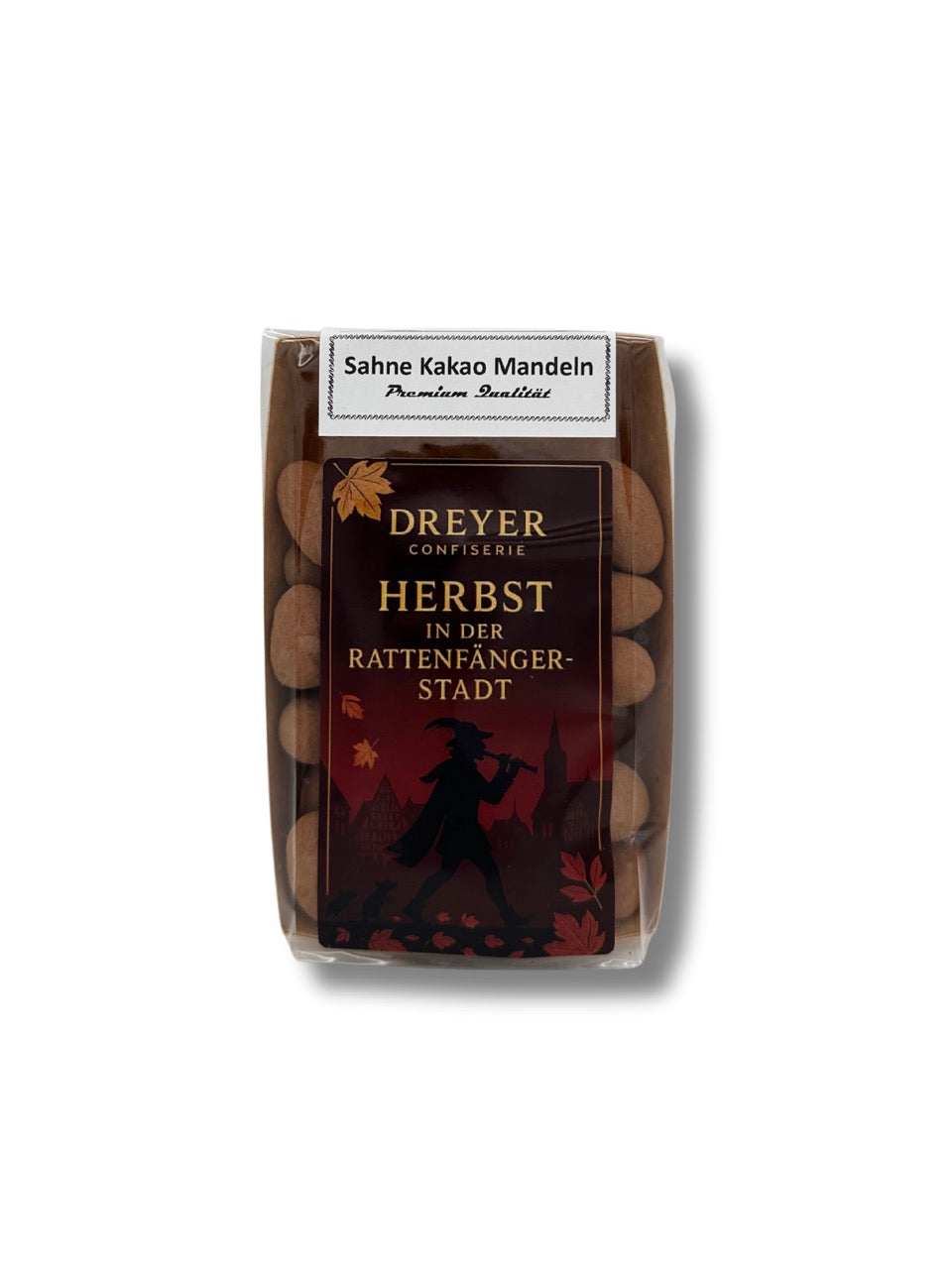 Sahne Kakao Mandeln 150 g von der Dreyer Confiserie – geröstete Mandeln, dragiert mit Vollmilch- und Sahneschokolade, mit Kakao veredelt, erhältlich in der Dreyer Confiserie in der Rattenfängerstadt Hameln.