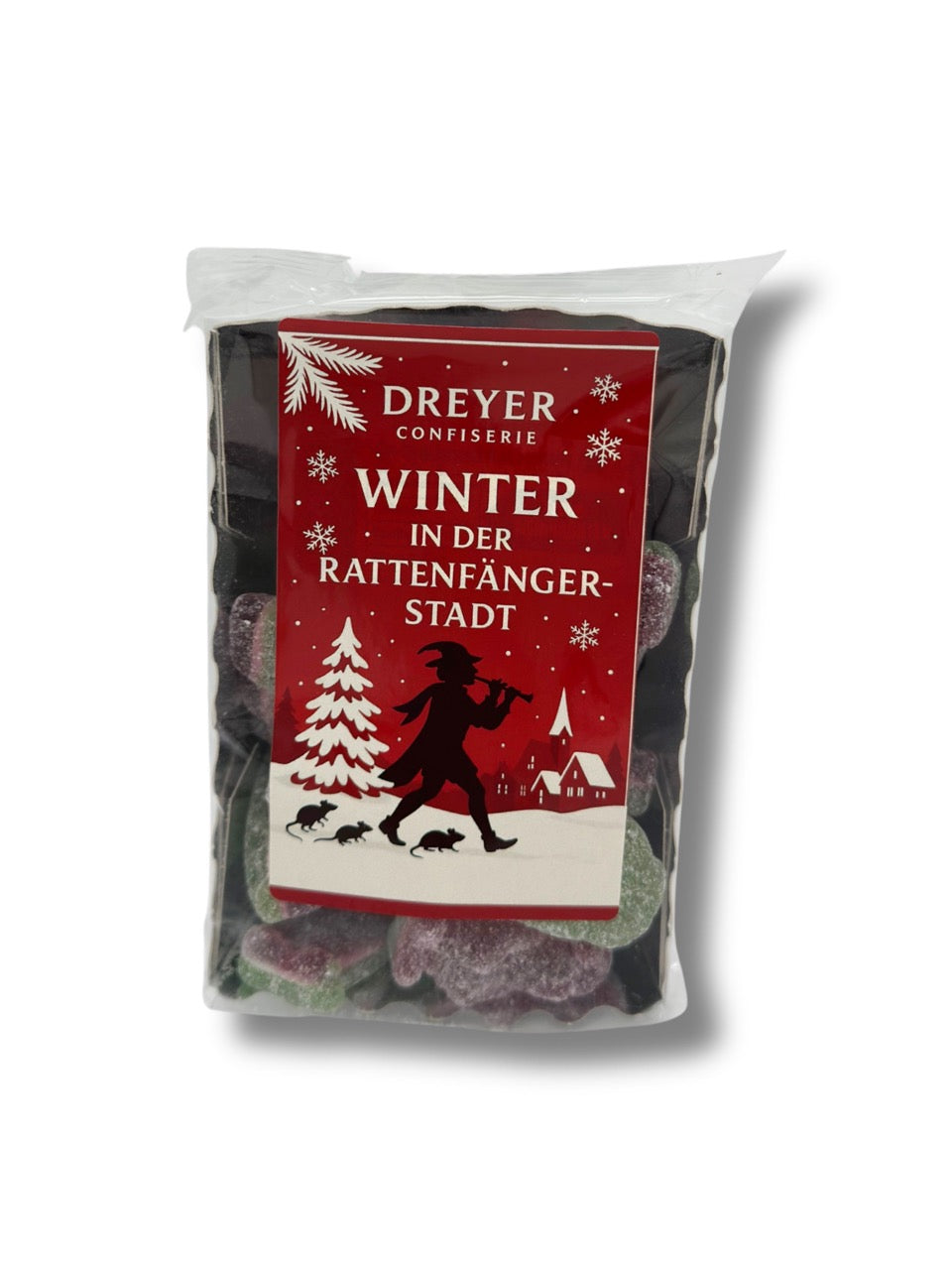 Weihnachts-Schaumzucker 150 g – weihnachtliche Schaumzuckerfiguren in Geschenkverpackung „Winter in der Rattenfängerstadt“, erhältlich in der Dreyer Confiserie in Hameln.